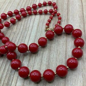 Monet Vintage Red Lucite Graduated Beaded Gold Tone Necklace